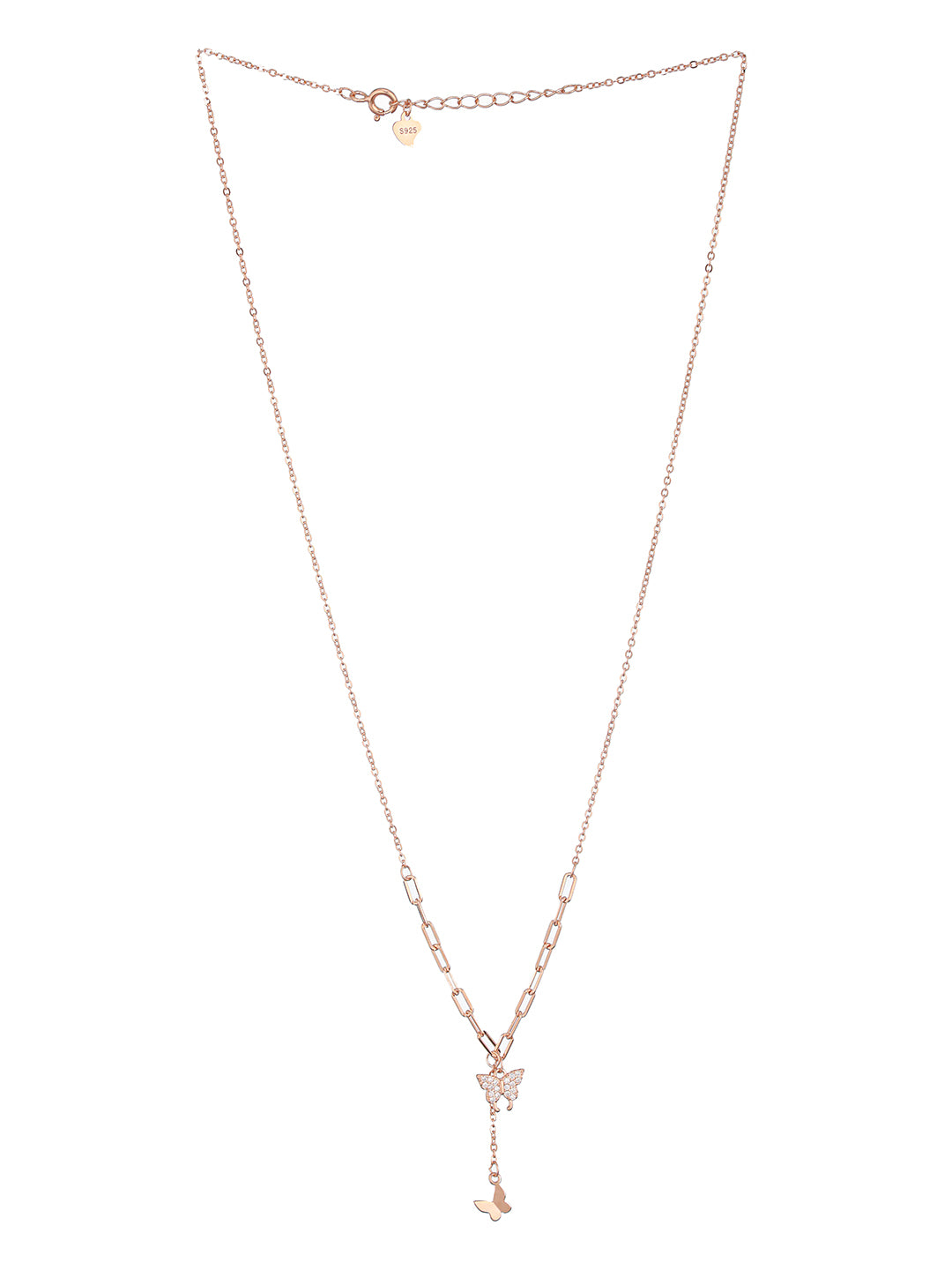 925 Sterling Silver CZ Studded  Rose Gold Plated Butterfly Tassle Minimal Necklace & Chain