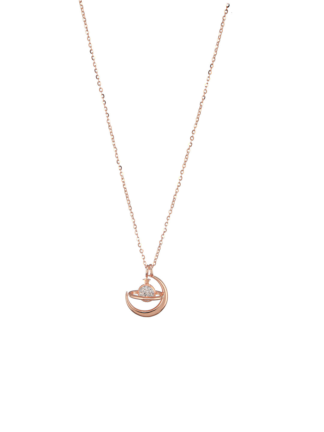 925 Sterling Silver Rose Gold  Plated CZ Studded Minimal Orbit Pendant Necklace & Chain