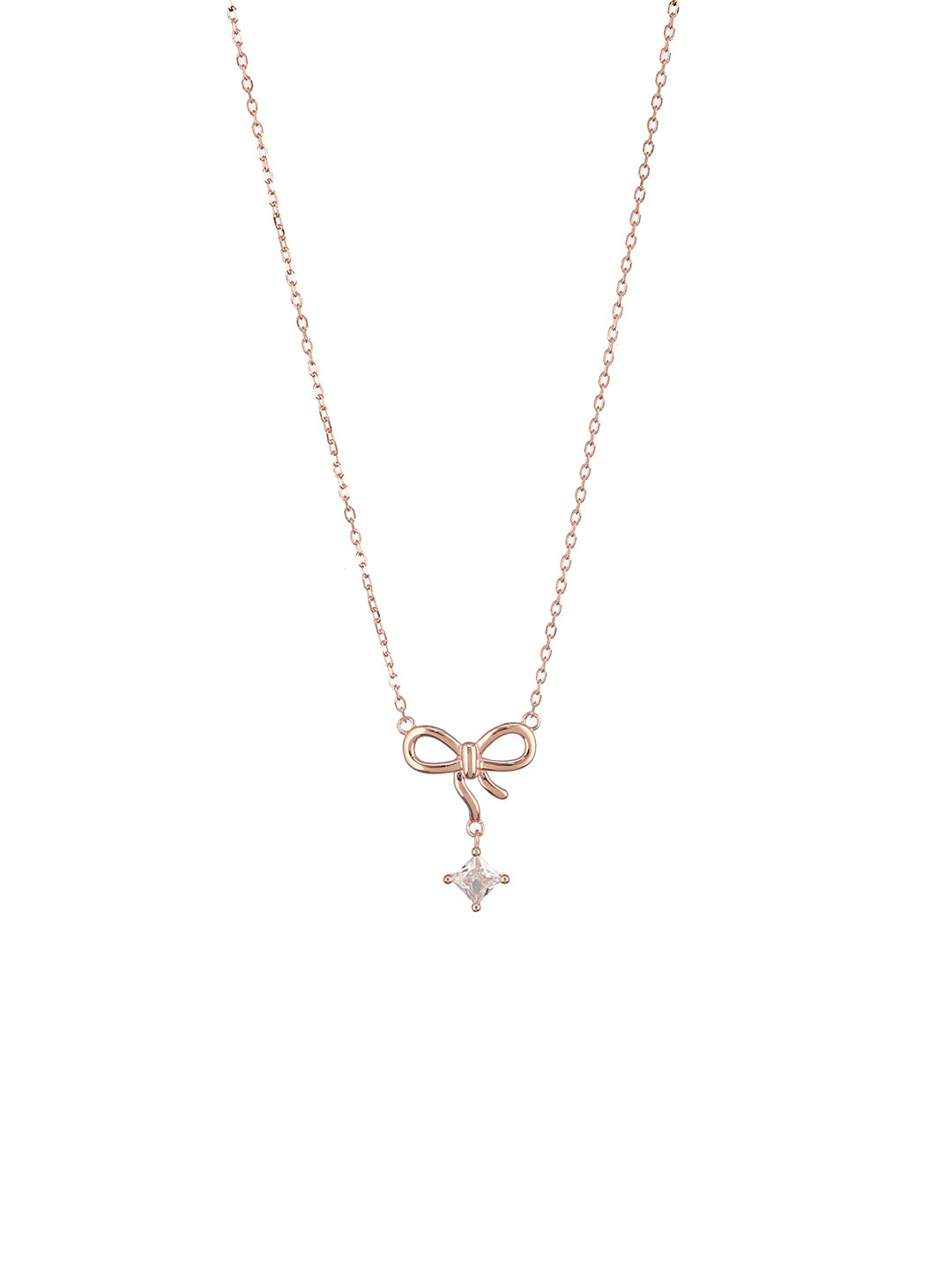 925 Sterling Silver Rose Gold AD Studded Minimal Bow Designer  Pendant Necklace & Chain