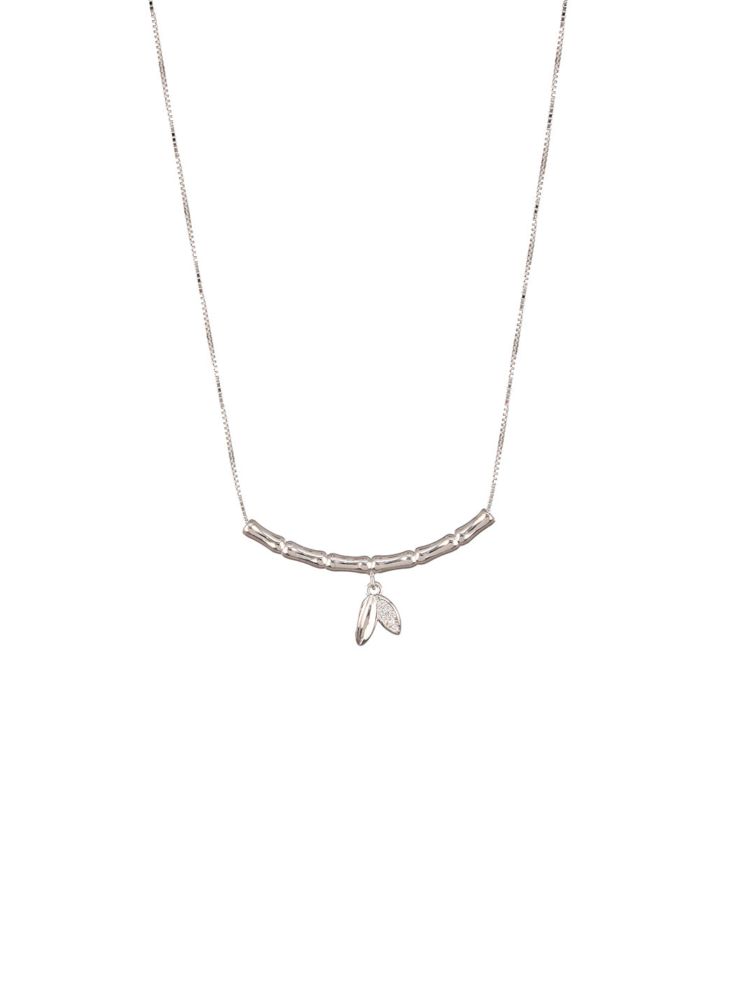 925 Sterling Silver CZ Studded Minimal Leafy Pendant Necklace & Chain
