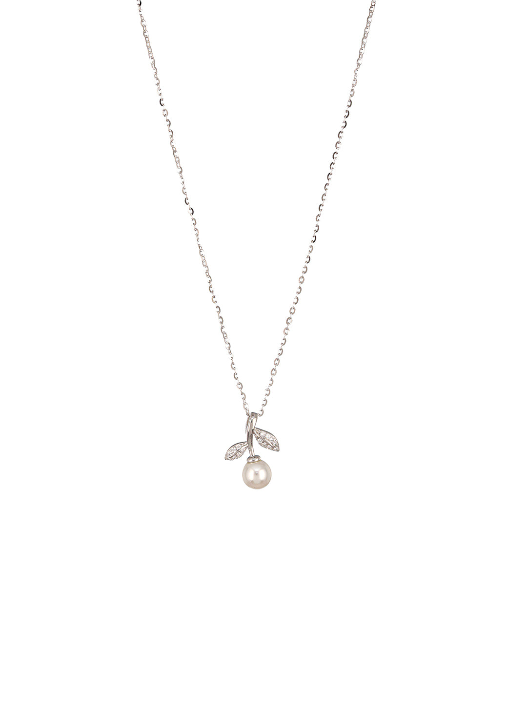 925 Sterling Silver Rose Gold Plated CZ & Pearl Beaded Leafy Minimal Pendant Necklace & Chain