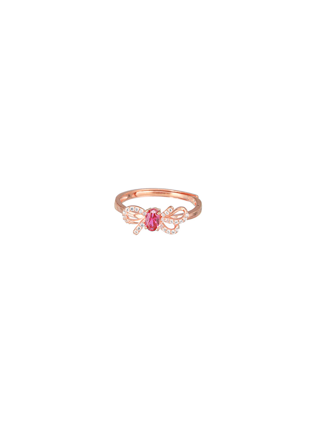 925 Sterling Silver Red Ruby Studded Rose gold Plated  Cherry Bow Adjustable Finger Ring
