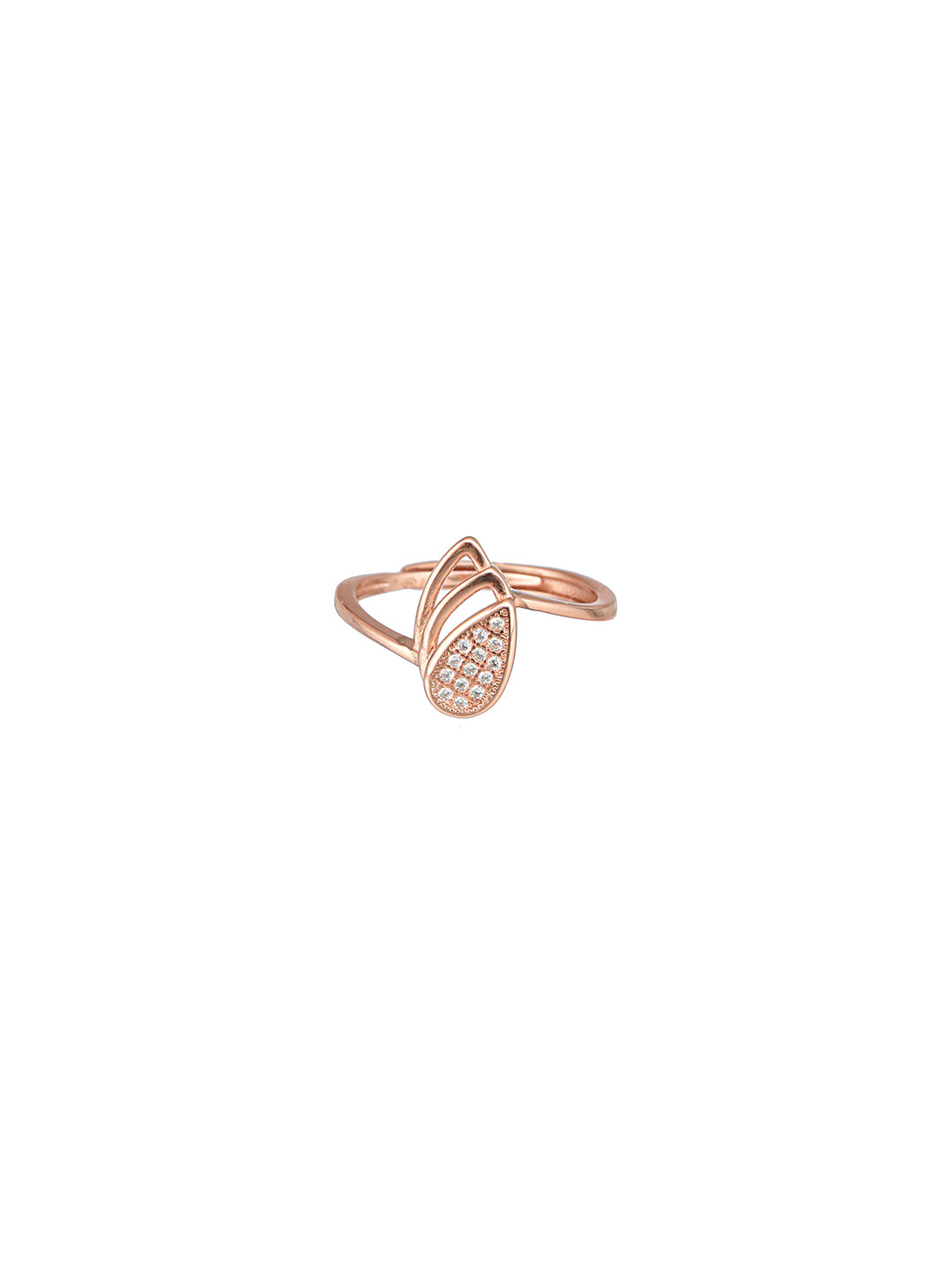 925 Sterling Silver Rose Gold Plated AD Studded Leaf Shaped Proposal Adjustable Finger Ring