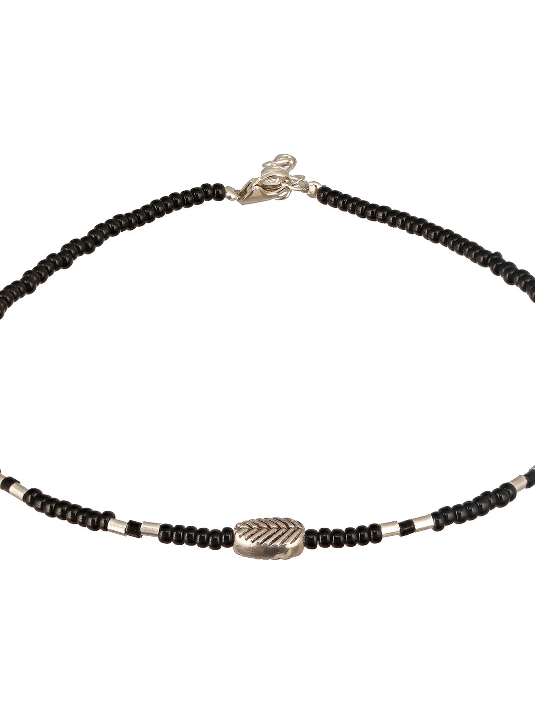 925 Sterling Silver Black Beads Leaf Charms Payal Anklet