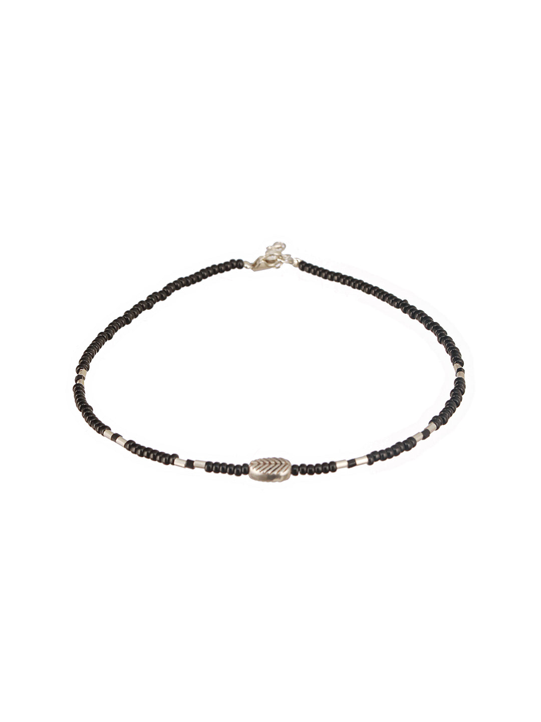 925 Sterling Silver Black Beads Leaf Charms Payal Anklet