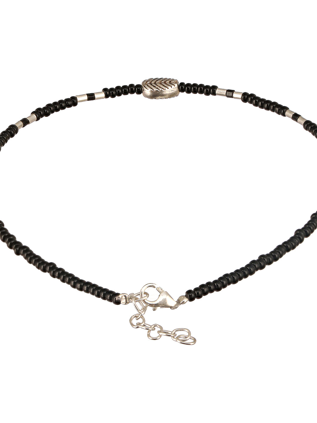 925 Sterling Silver Black Beads Leaf Charms Payal Anklet