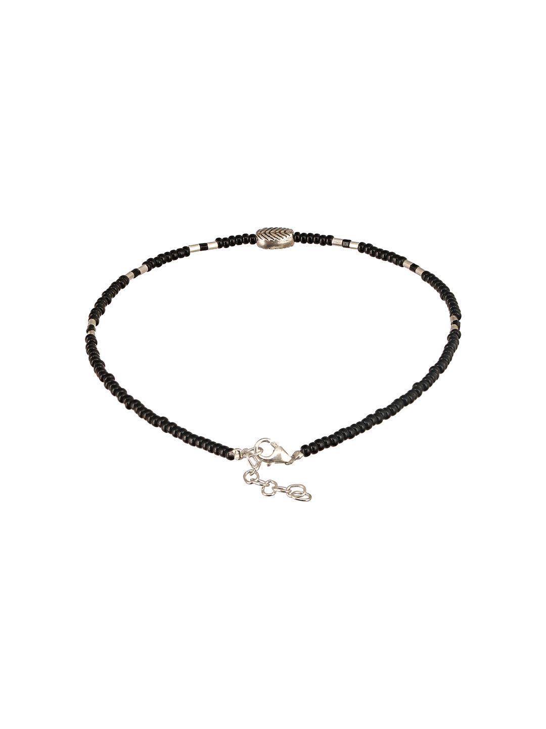 925 Sterling Silver Black Beads Leaf Charms Payal Anklet