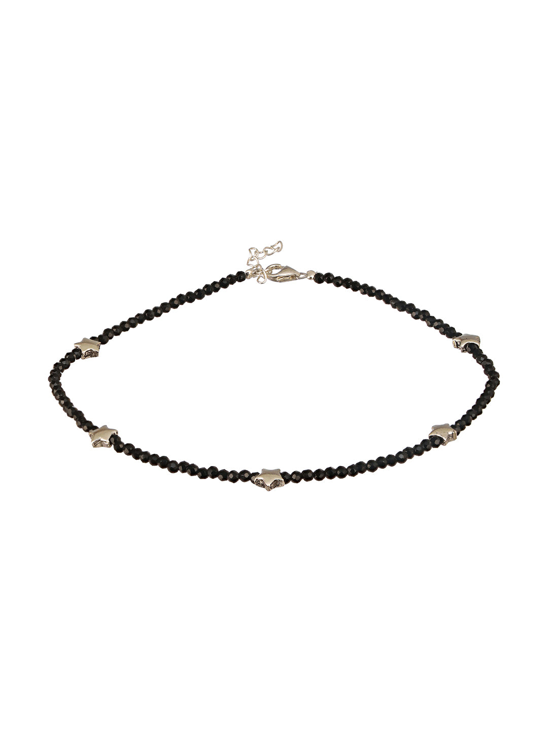 925 Sterling Silver Black Beads Star Shaped Charms Payal Anklet