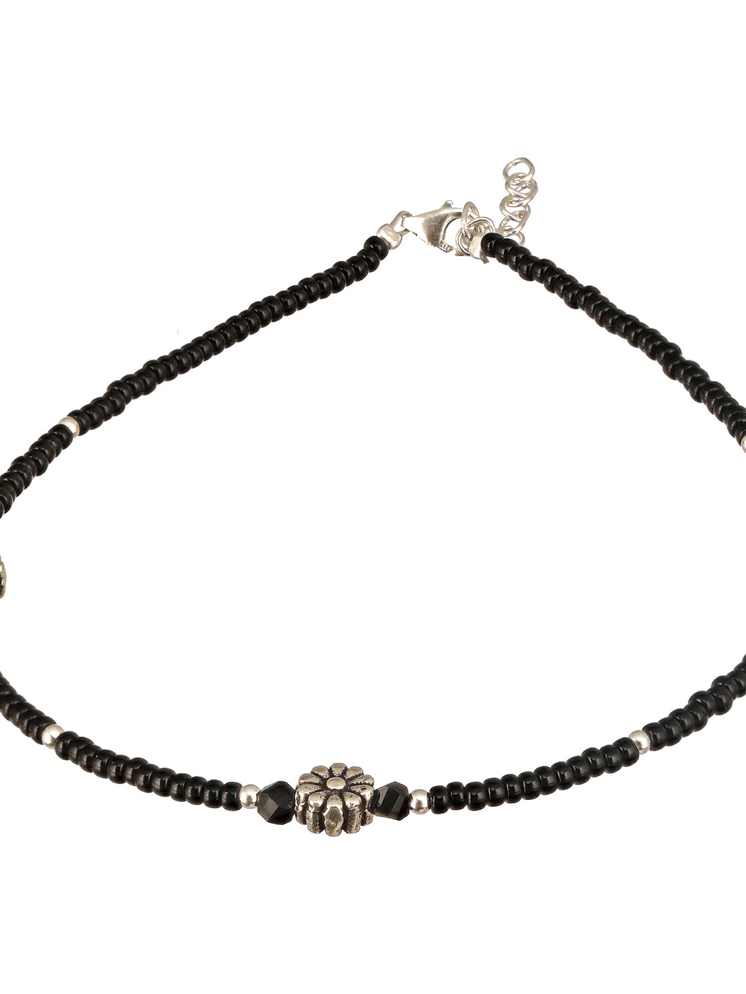 925 Sterling Silver Oxidised Charms  Black Beads Flower Minimal Dailywear Anklet
