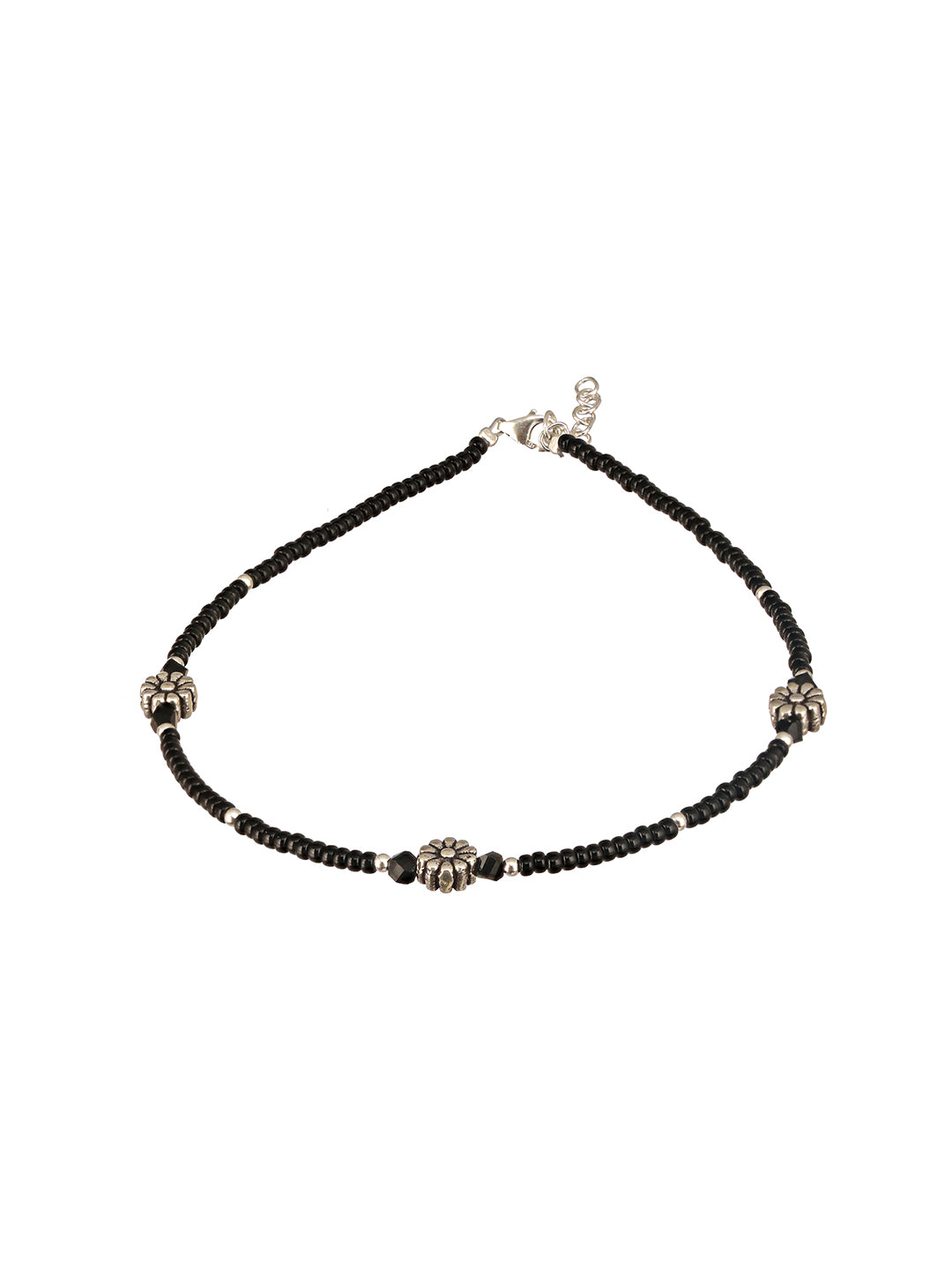 925 Sterling Silver Oxidised Charms  Black Beads Flower Minimal Dailywear Anklet