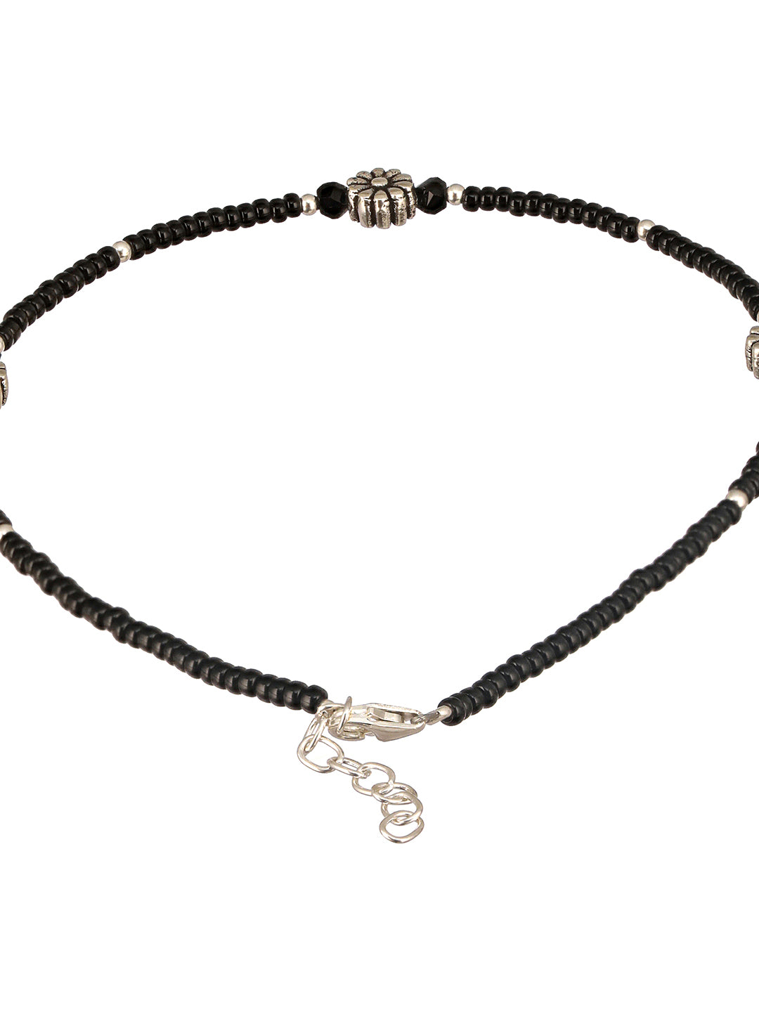 925 Sterling Silver Oxidised Charms  Black Beads Flower Minimal Dailywear Anklet