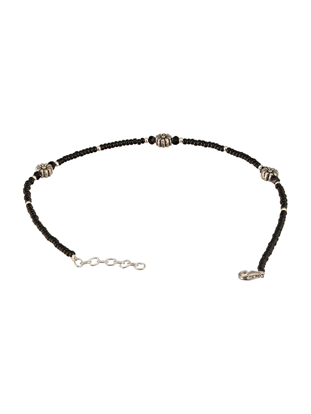 925 Sterling Silver Oxidised Charms  Black Beads Flower Minimal Dailywear Anklet