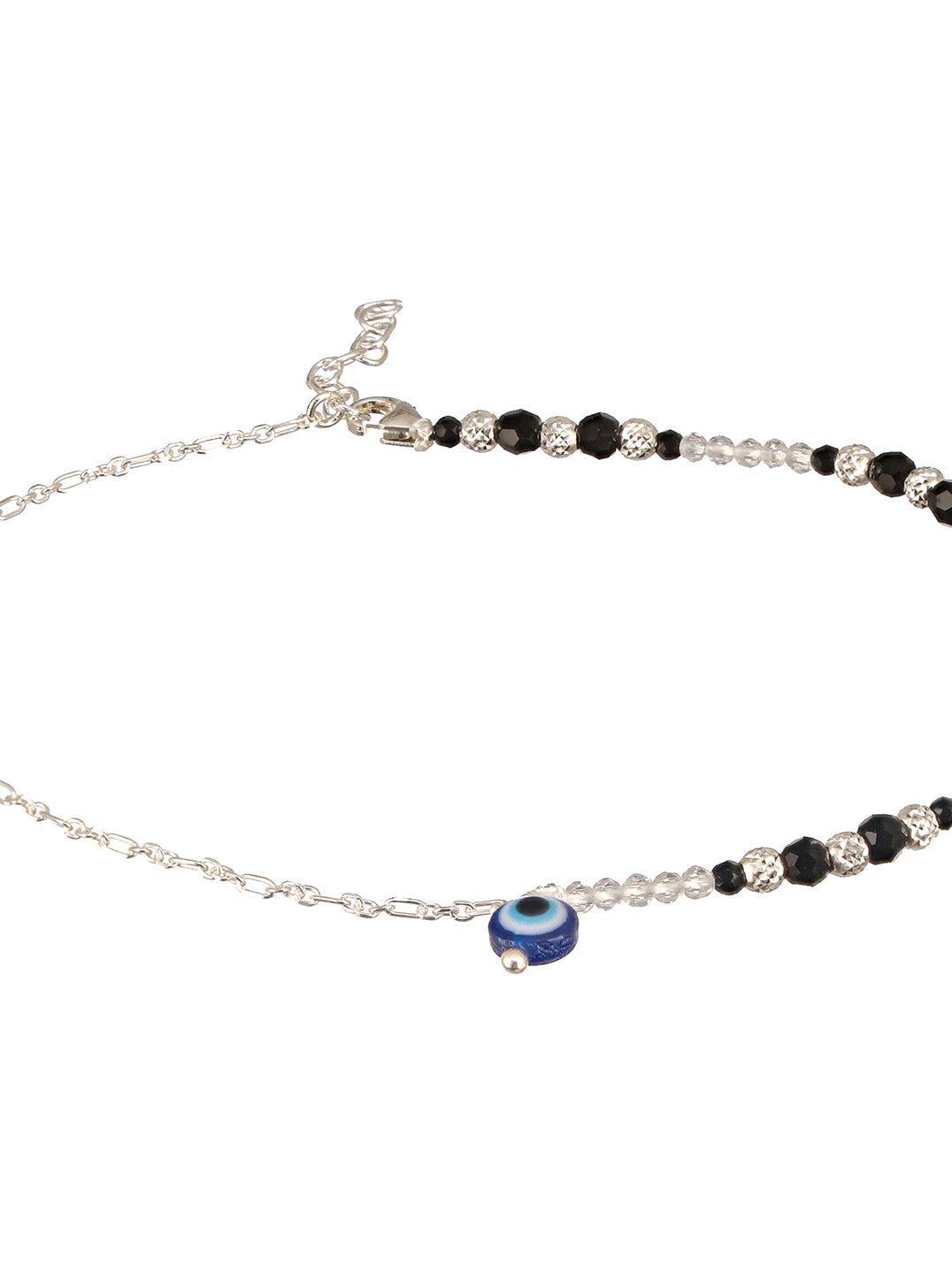 925 Sterling Silver Black Beads Trendy  Minimal Evil Eye Charm Anklet