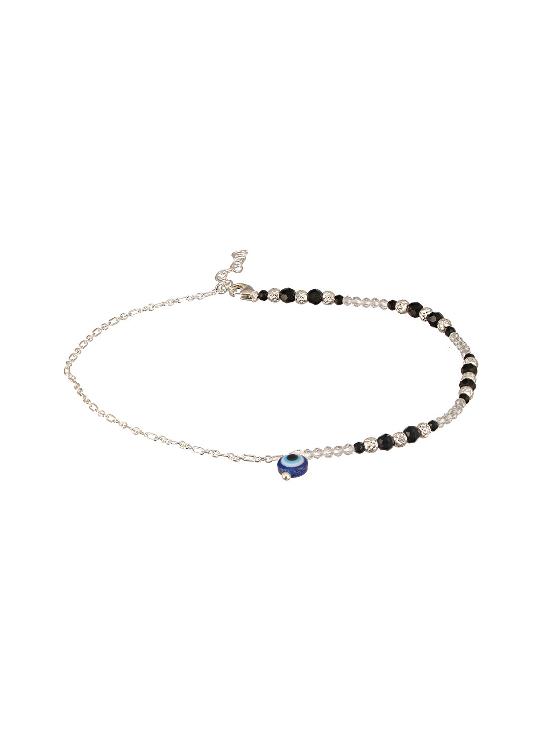 925 Sterling Silver Black Beads Trendy  Minimal Evil Eye Charm Anklet