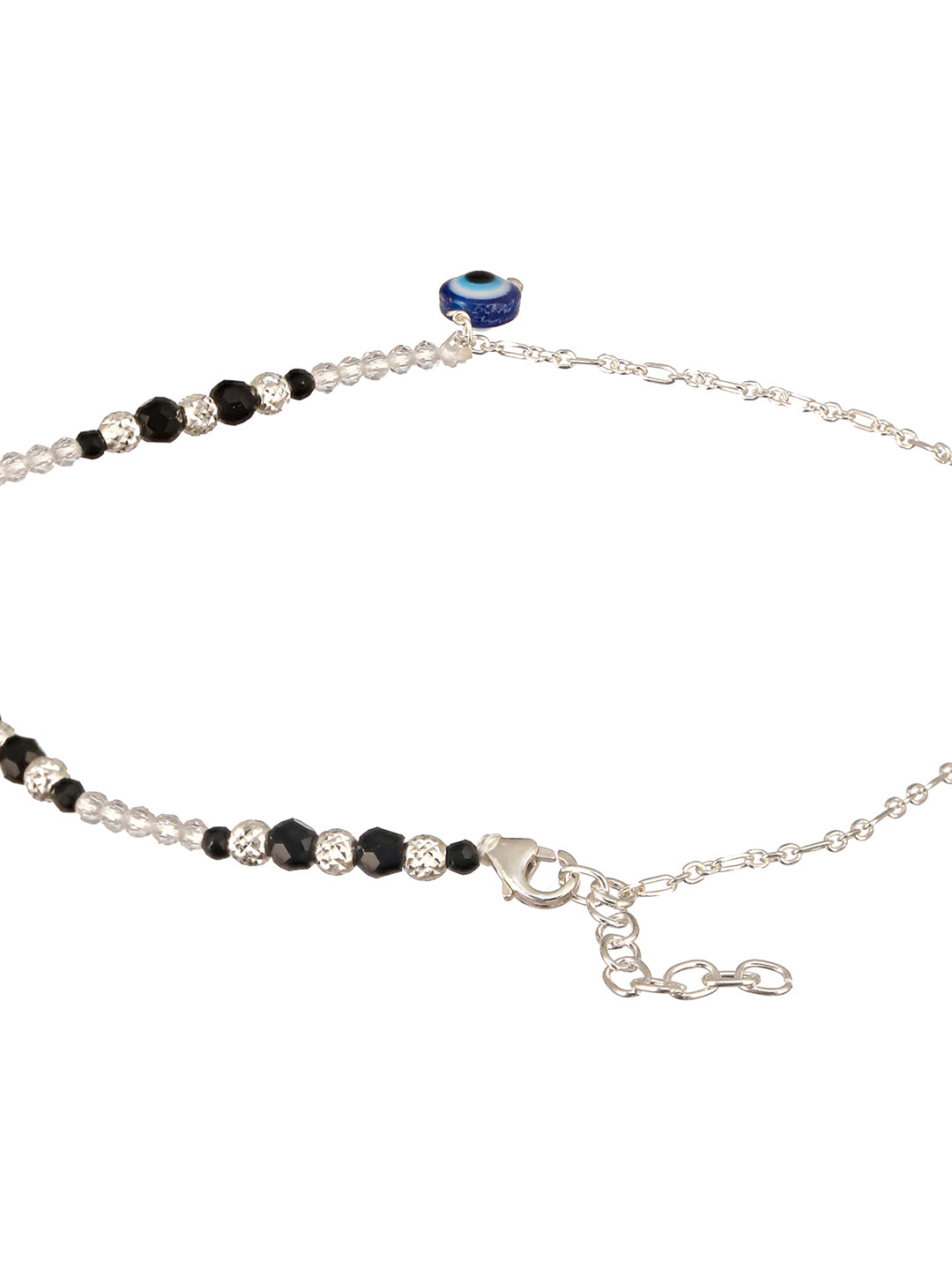 925 Sterling Silver Black Beads Trendy  Minimal Evil Eye Charm Anklet