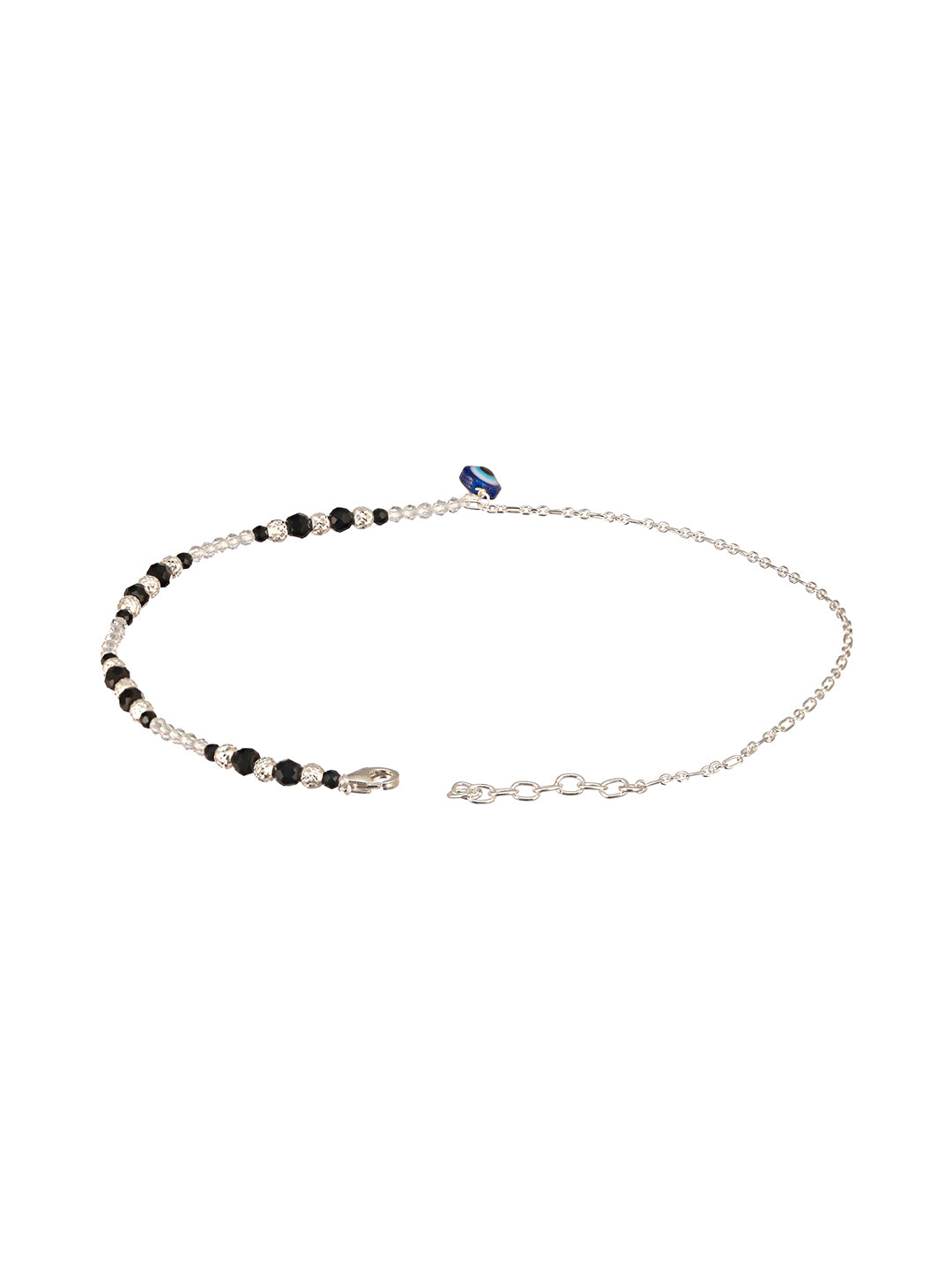 925 Sterling Silver Black Beads Trendy  Minimal Evil Eye Charm Anklet