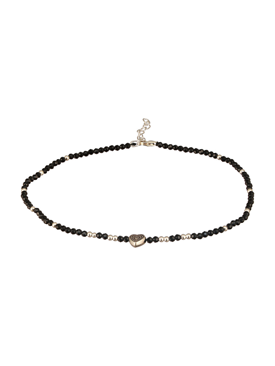 925 Sterling Silver Black Beads Heart Shaped Charms Payal Anklet