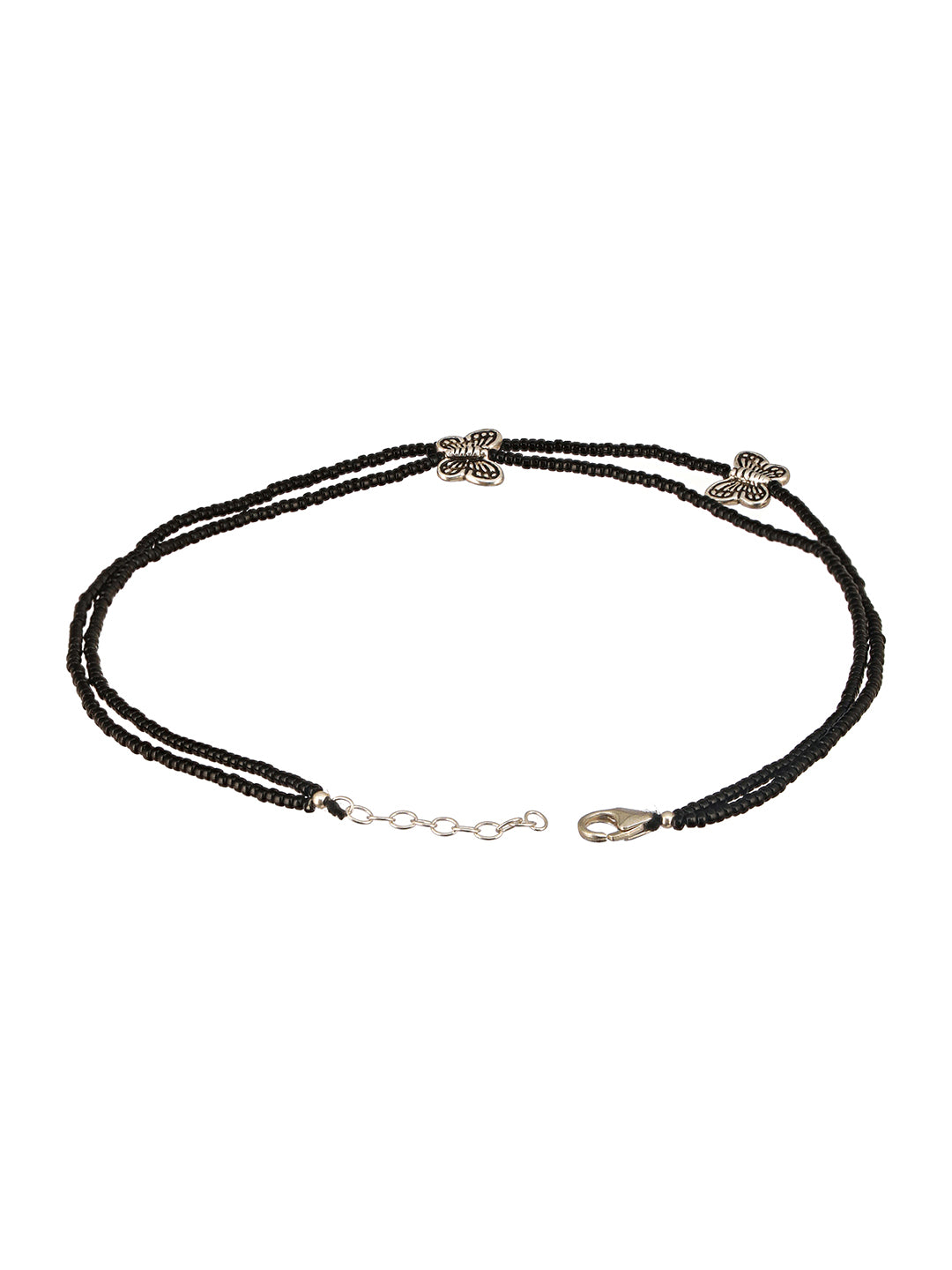 925 Sterling Silver Black Beads Butterfly Charms Payal Anklet