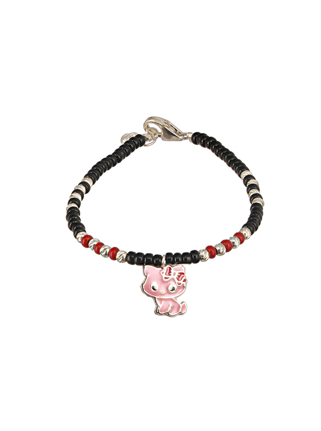 925 Sterling Silver Black Beads Hello Kitty  Charms Adjustable Bracelet