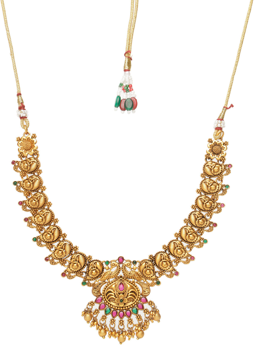 GoldPlated Red Kemp Studded Flower Temple Jewellery Set, zaveri pearls, sale price rs, sale price, sale gold plated, sale gold, sale, rubans, ring, regular price, priyassi jewellery, kushal's