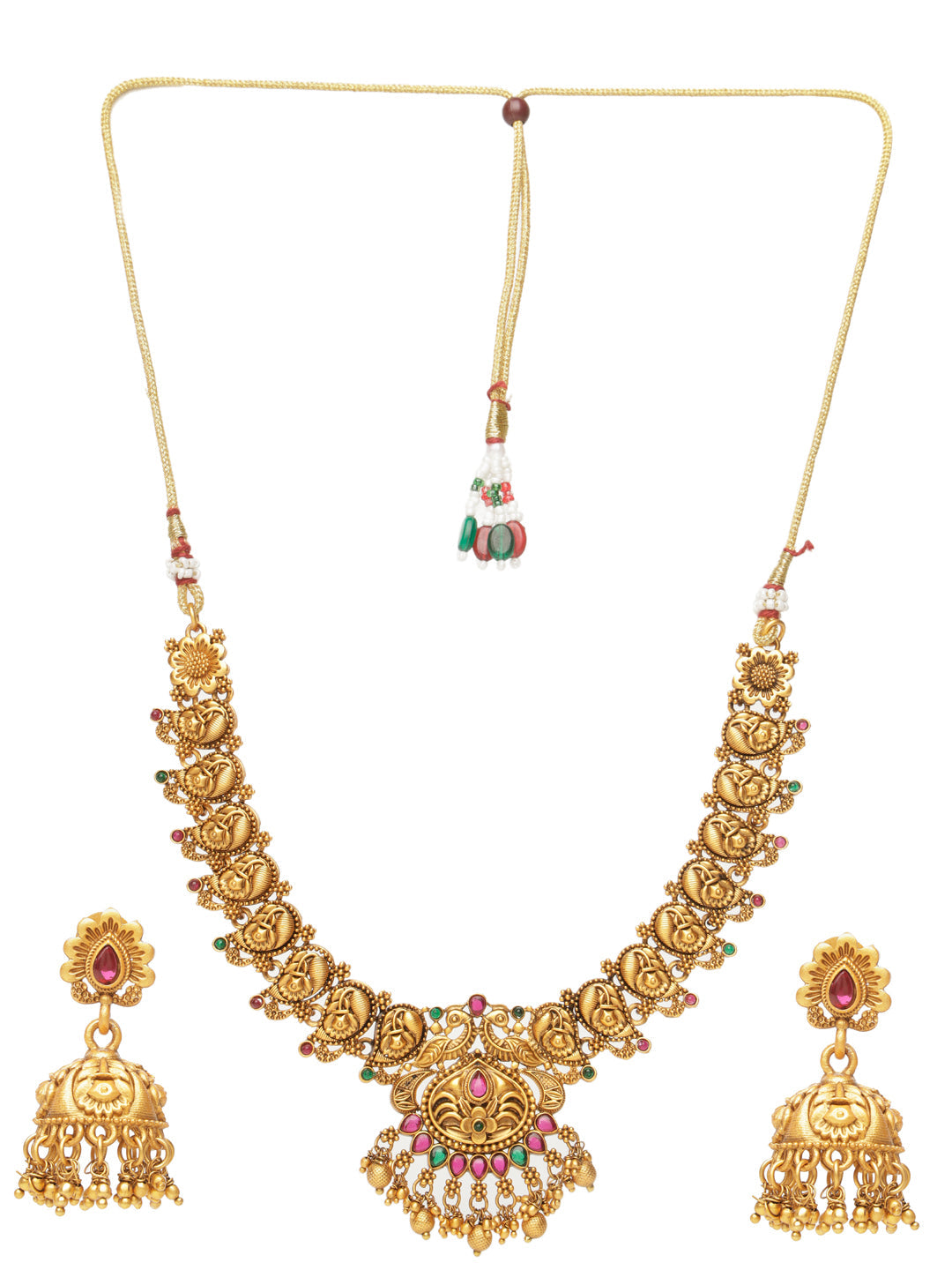 GoldPlated Red Kemp Studded Flower Temple Jewellery Set, zaveri pearls, sale price rs, sale price, sale gold plated, sale gold, sale, rubans, ring, regular price, priyassi jewellery, kushal's