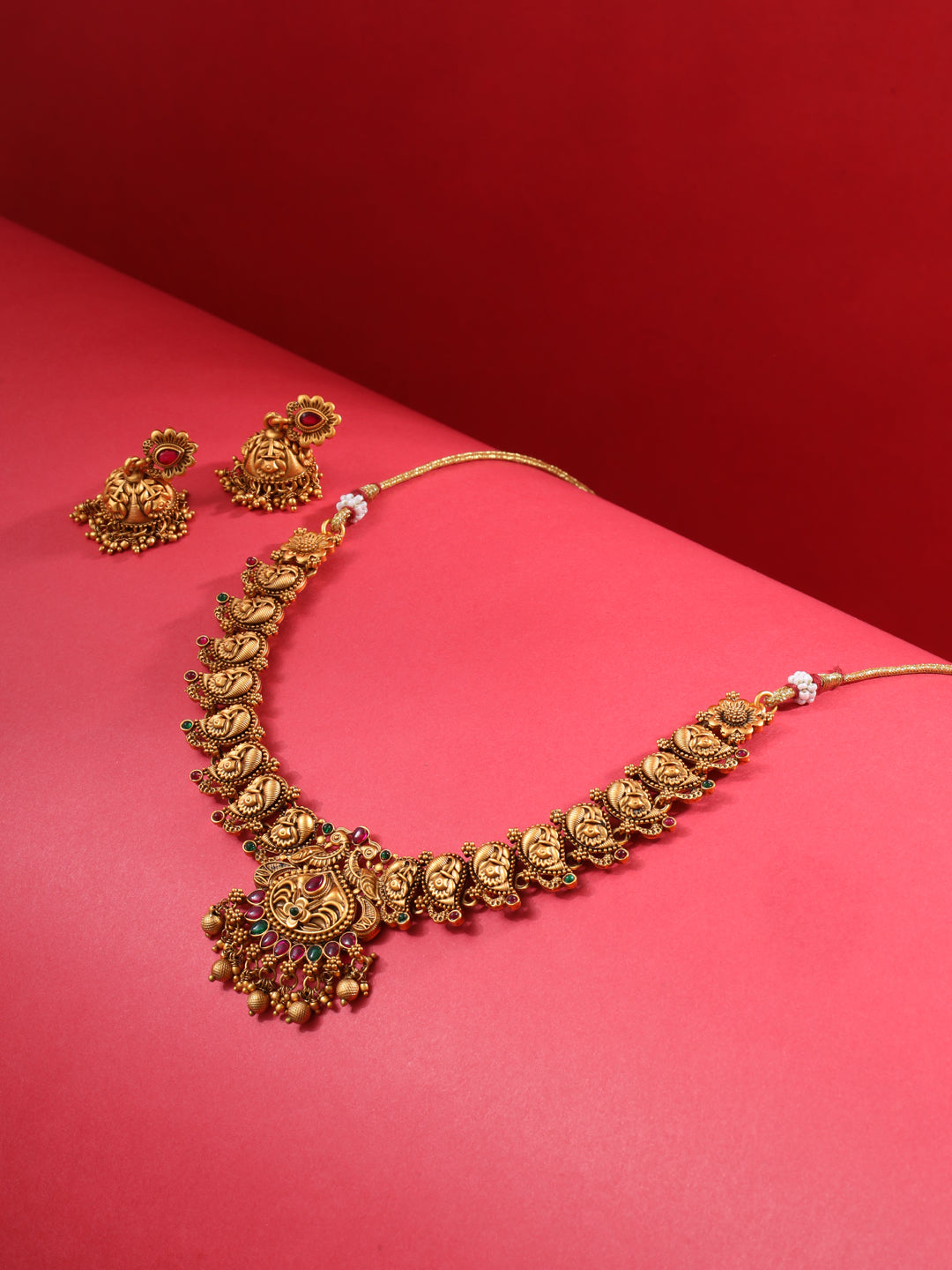 GoldPlated Red Kemp Studded Flower Temple Jewellery Set, zaveri pearls, sale price rs, sale price, sale gold plated, sale gold, sale, rubans, ring, regular price, priyassi jewellery, kushal's