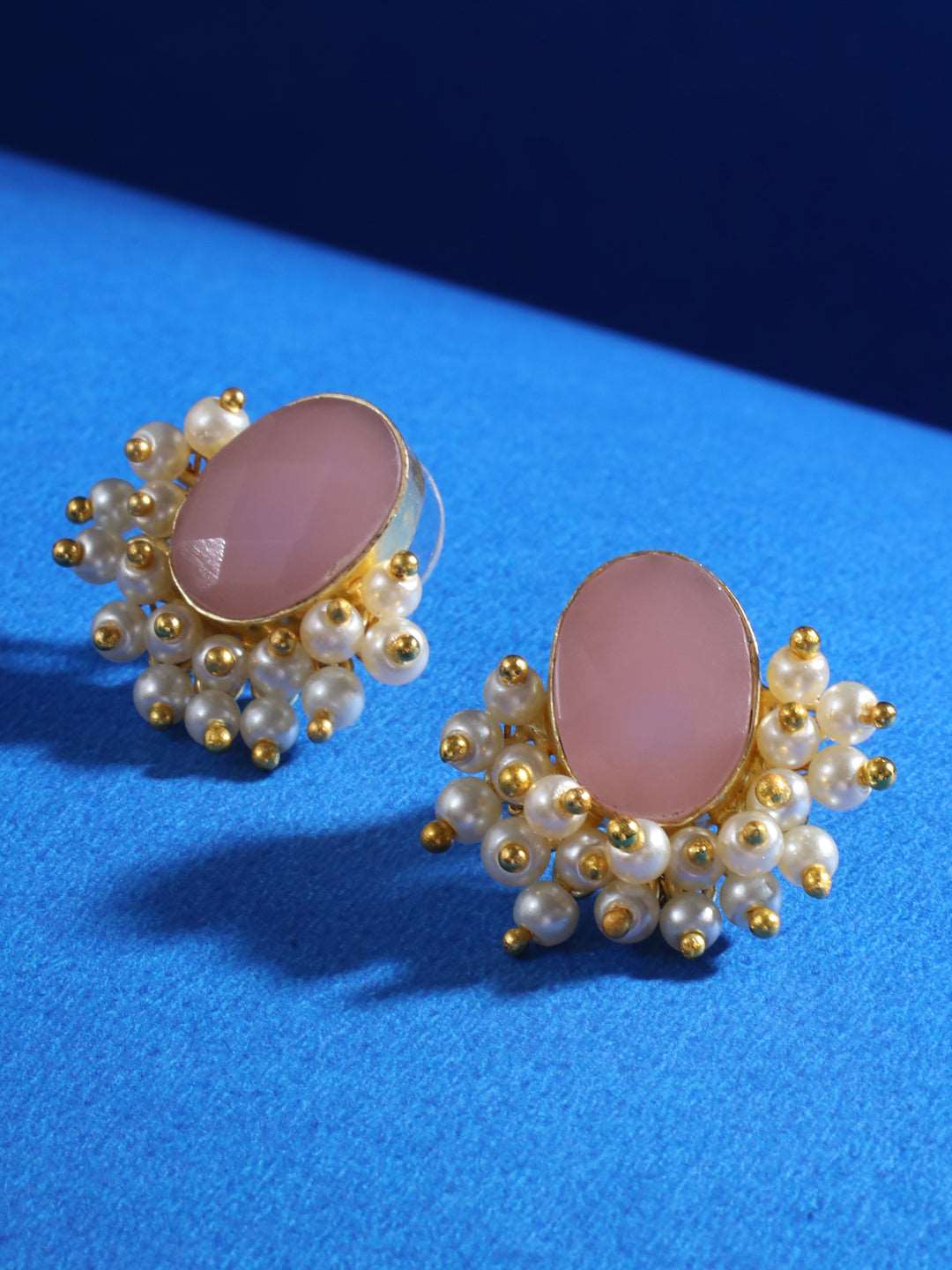 Gold Plated Pink stone & Pearl Beaded Statement Earrings, zaveri pearls, sale price rs, sale price, sale gold plated, sale gold, sale, rubans, ring, regular price, priyassi jewellery, kushal'