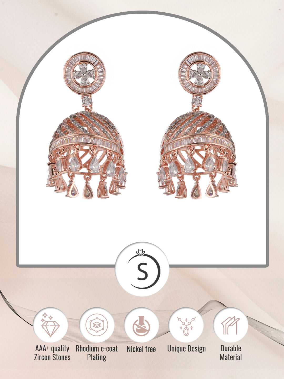 Rose Gold plated AD studded handcrafted Dome shaped Jhumka for Women & Girls, zaveri pearls, sale price rs, sale price, sale gold plated, sale gold, sale, rubans, ring, regular price, priyass