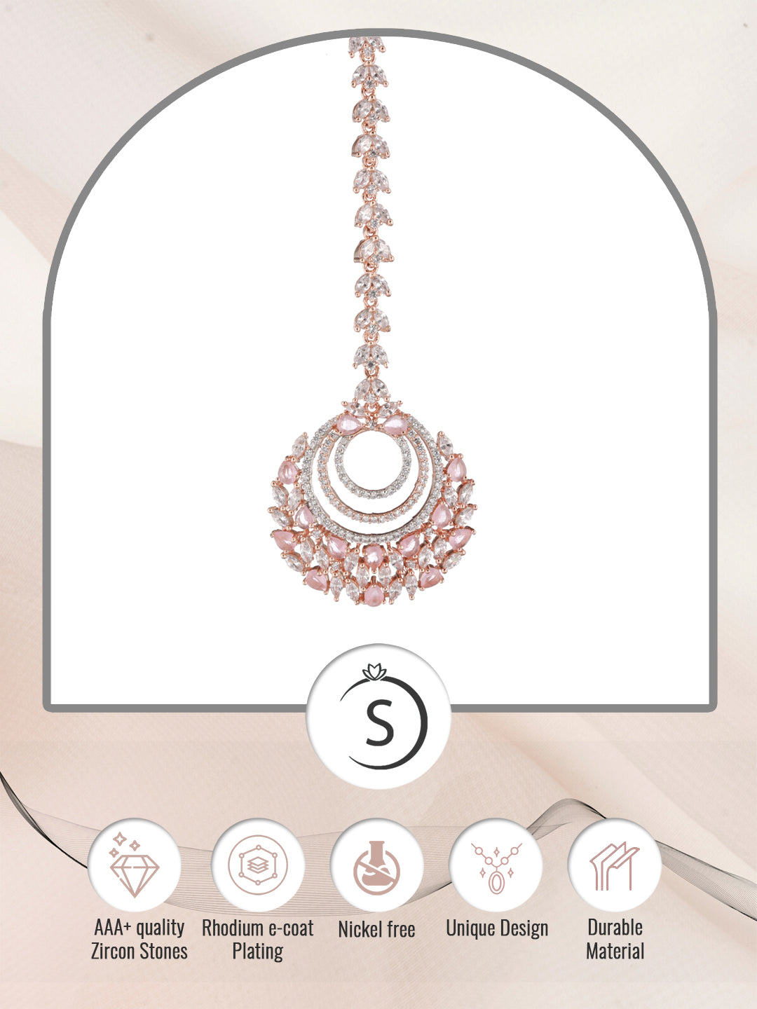 Rose Gold plated Pink AD studded Circular design Handcrafted Maang Tika, zaveri pearls, sale price rs, sale price, sale gold plated, sale gold, sale, rubans, ring, regular price, priyassi jew