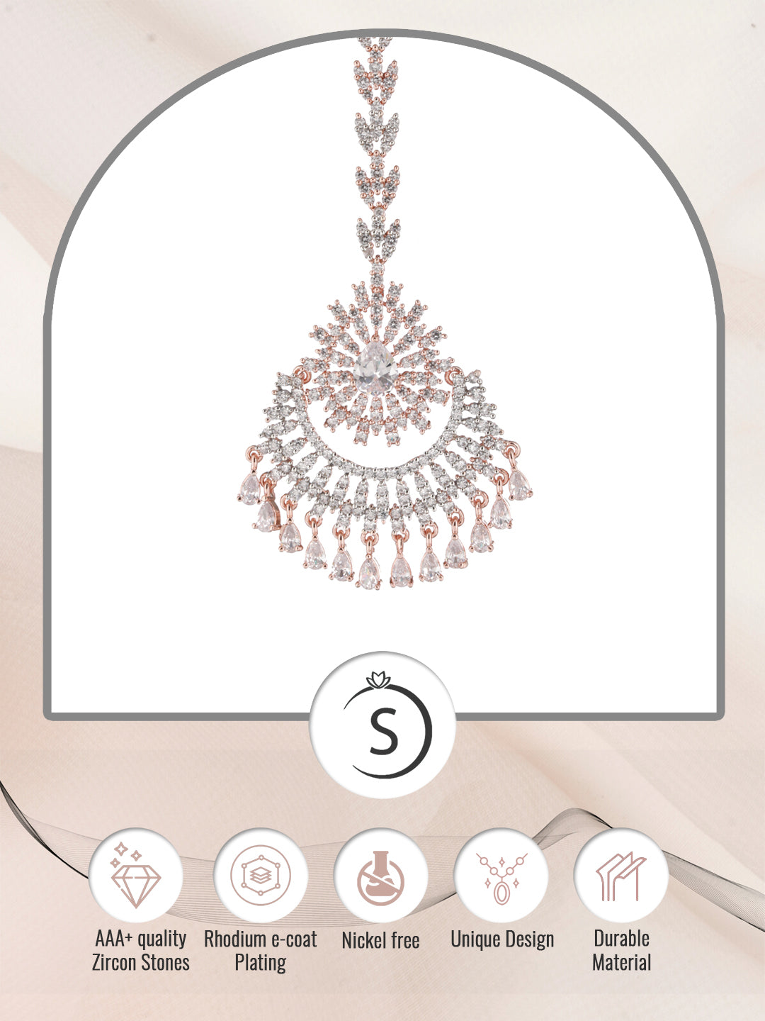 Rose Gold plated AD studded Chandballi design Handcrafted Maang Tika, zaveri pearls, sale price rs, sale price, sale gold plated, sale gold, sale, rubans, ring, regular price, priyassi jewell