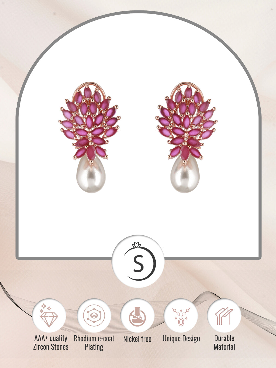 Rose Gold Plated Luxurious Pink AD studded Pearl Drop Earring, zaveri pearls, sale price rs, sale price, sale gold plated, sale gold, sale, rubans, ring, regular price, priyassi jewellery, ku