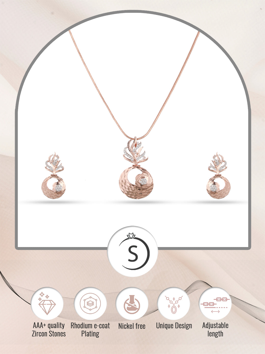 Rose Gold plated AD studded Round Pendant Earrings set chain, zaveri pearls, sale price rs, sale price, sale gold plated, sale gold, sale, rubans, ring, regular price, priyassi jewellery, kus