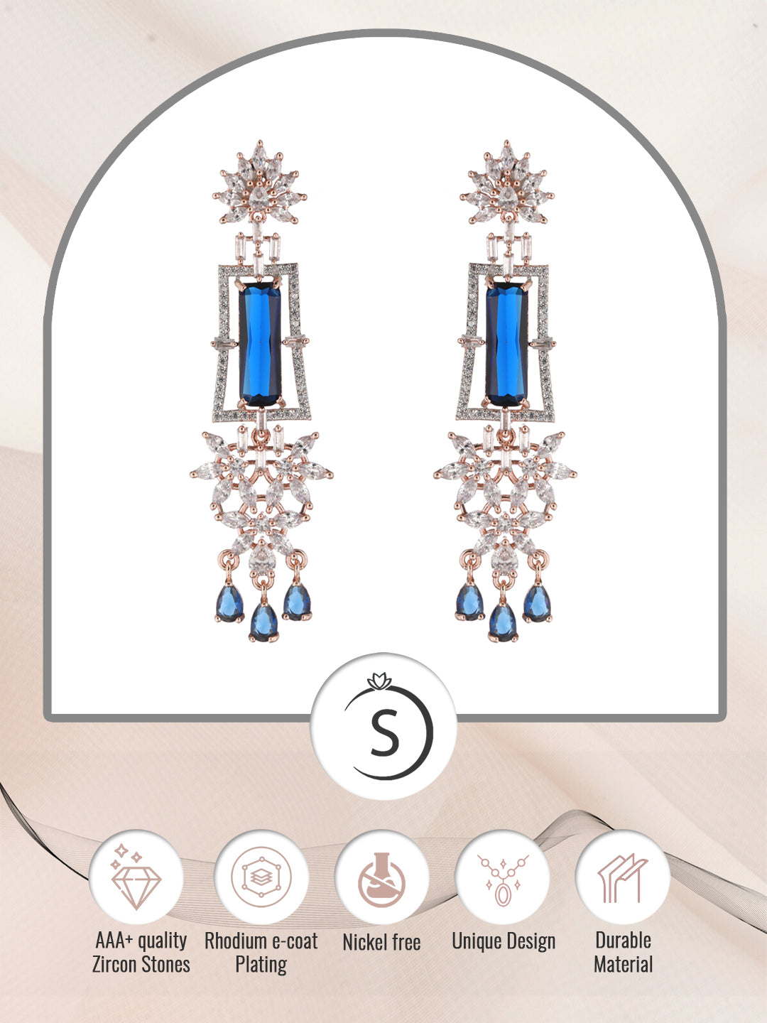 Rose Gold plated Blue AD studded Drop Earrings, zaveri pearls, sale price rs, sale price, sale gold plated, sale gold, sale, rubans, ring, regular price, priyassi jewellery, kushal's - Saraf 