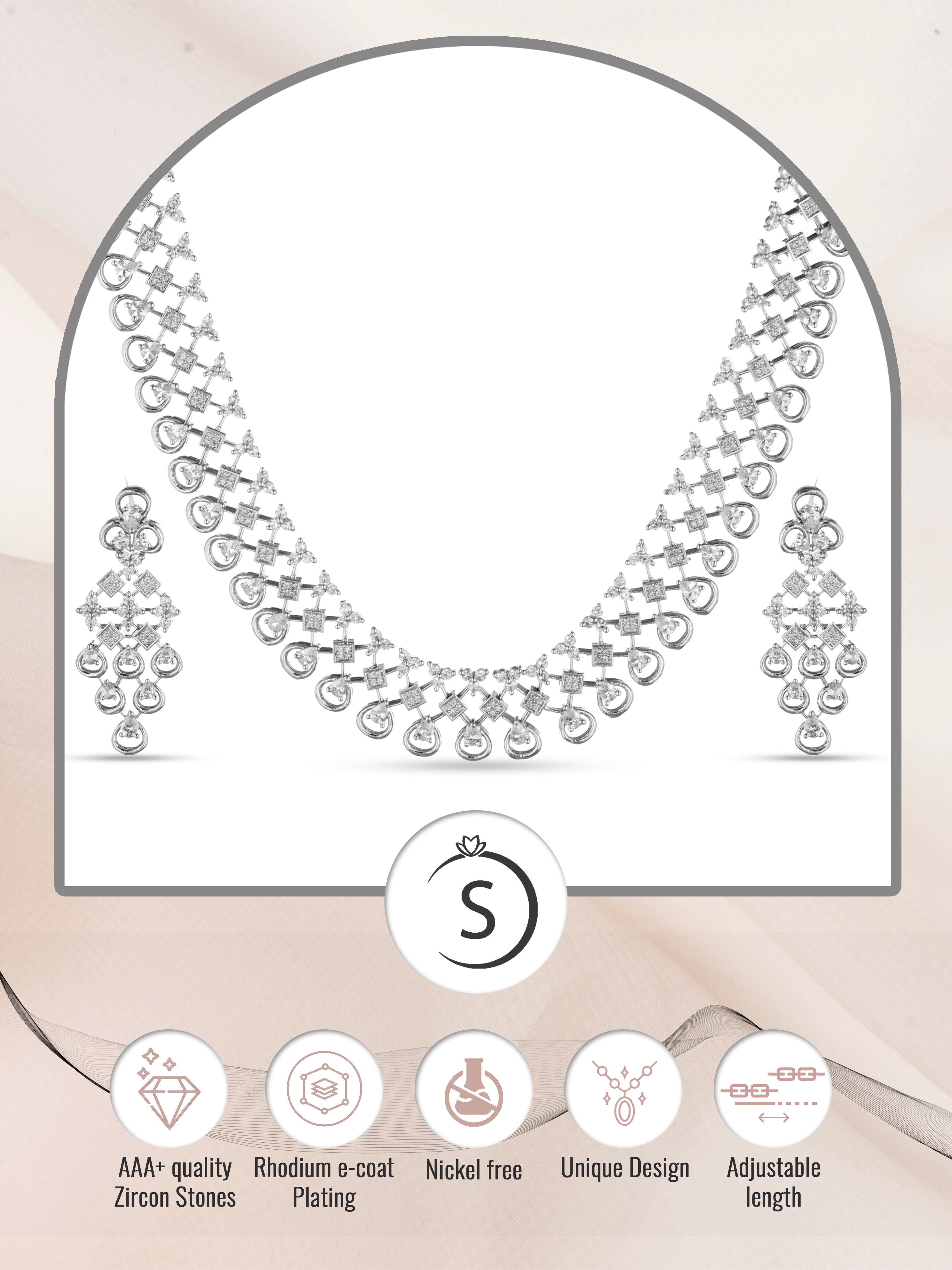 White Rhodium plated Unique Design AD studded Necklace Earrings Girls, zaveri pearls, sale price rs, sale price, sale gold plated, sale gold, sale, rubans, ring, regular price, priyassi jewel