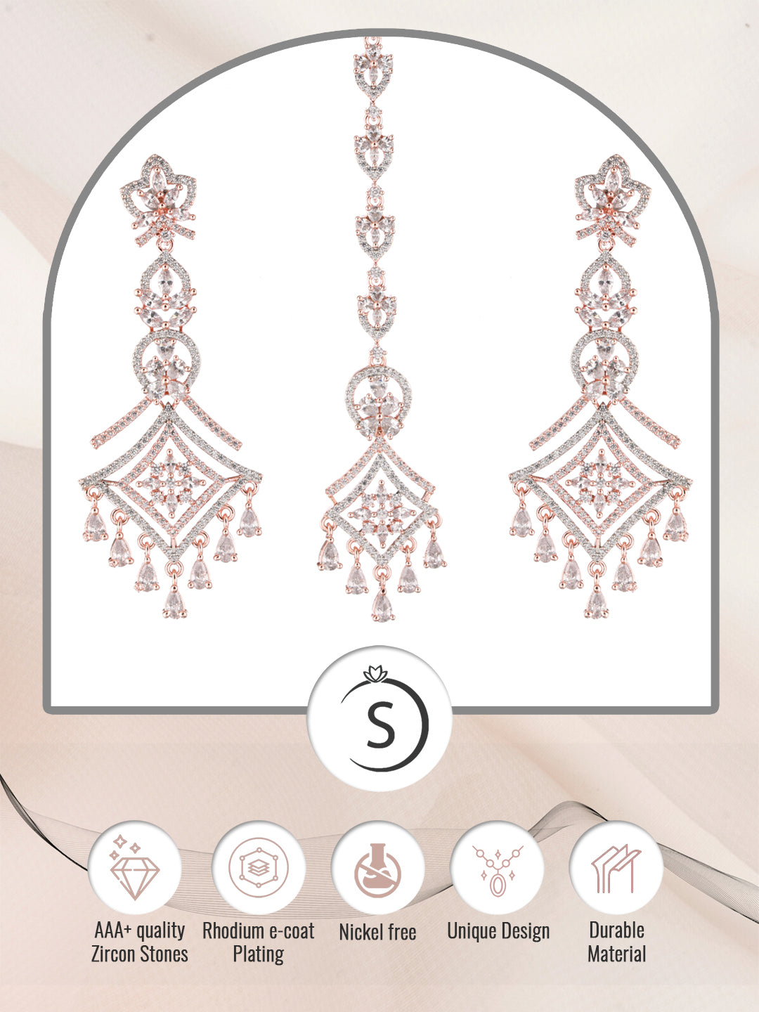 Rose Gold plated AD studded Mangtika & Earring set, zaveri pearls, sale price rs, sale price, sale gold plated, sale gold, sale, rubans, ring, regular price, priyassi jewellery, kushal's - Sa