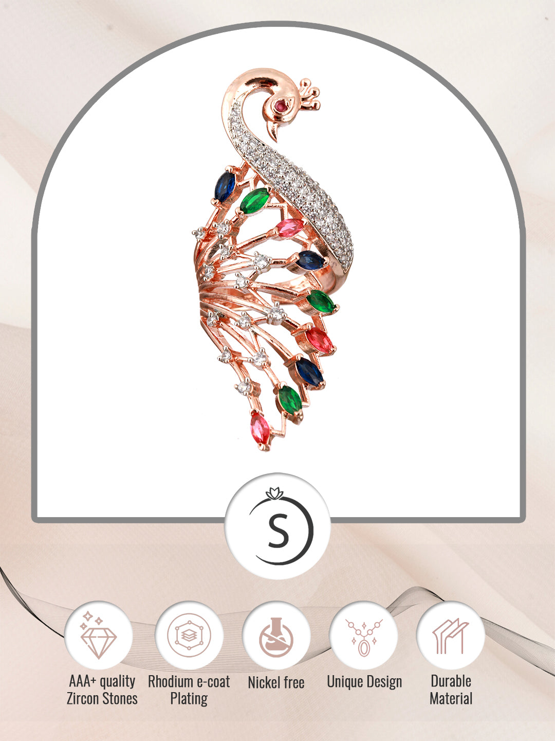 Rose Gold Plated Multi AD studded Peacock Handcrafted Finger Ring, zaveri pearls, sale price rs, sale price, sale gold plated, sale gold, sale, rubans, ring, regular price, priyassi jewellery
