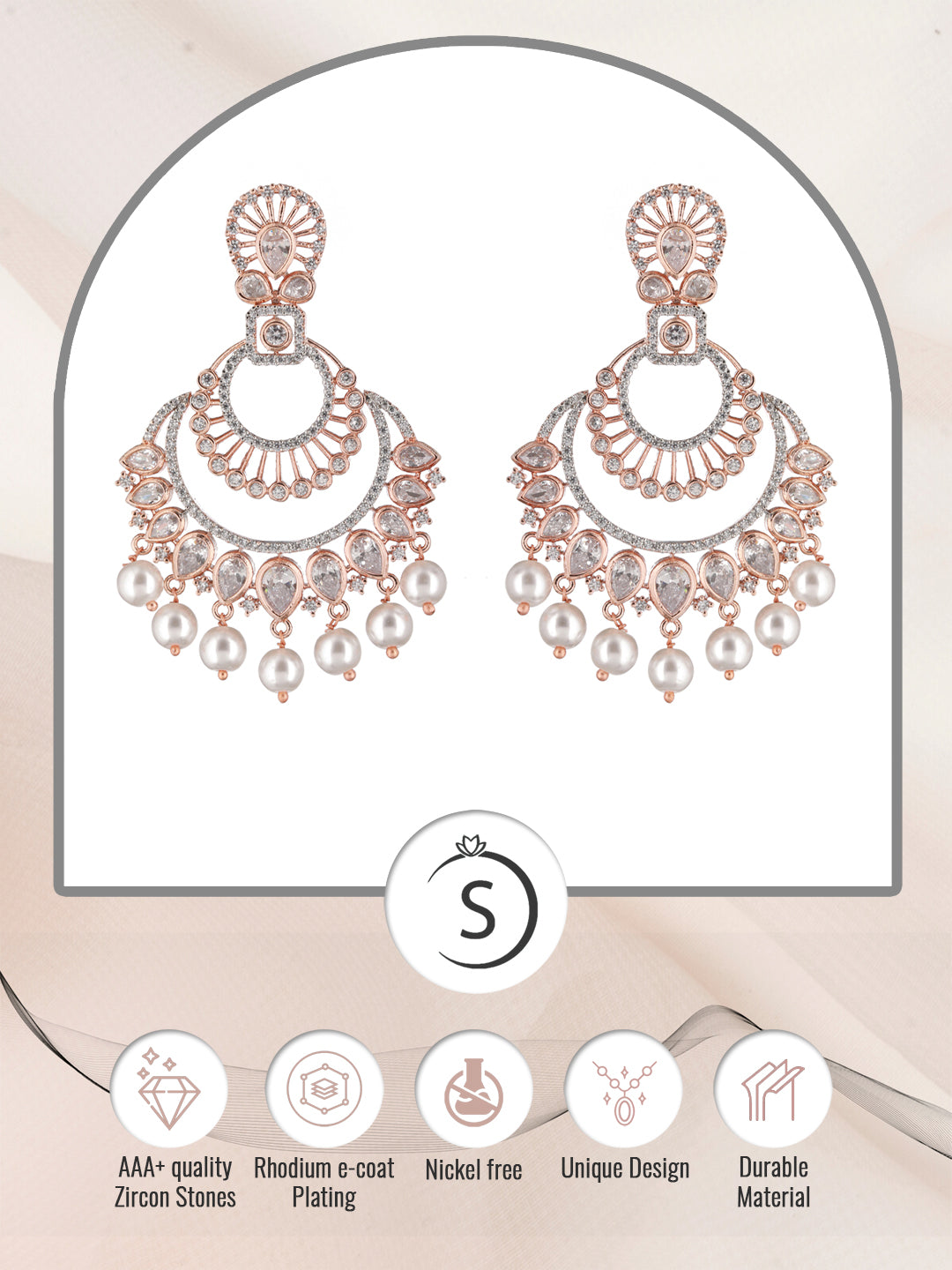 Rose Gold plated Pearl & AD studded Crescent Shaped Chandbali Earrings, zaveri pearls, sale price rs, sale price, sale gold plated, sale gold, sale, rubans, ring, regular price, priyassi jewe