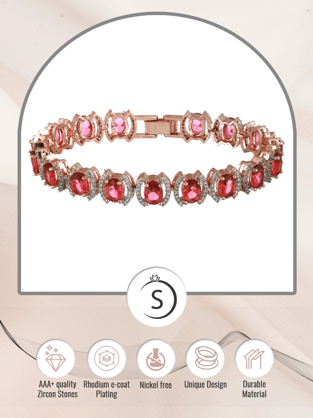 Rose Gold Plated Oval Pink Ruby Ad Studded Handcrafted Tennis Bracelet For Her, zaveri pearls, sale price rs, sale price, sale gold plated, sale gold, sale, rubans, ring, regular price, priya