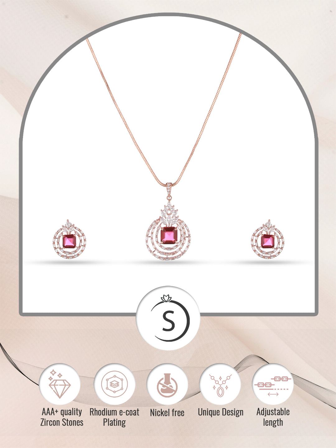 Rose Gold Plated Pink Ruby Studded Circle Pendant Locket Set Earrings and Chain, zaveri pearls, sale price rs, sale price, sale gold plated, sale gold, sale, rubans, ring, regular price, priy