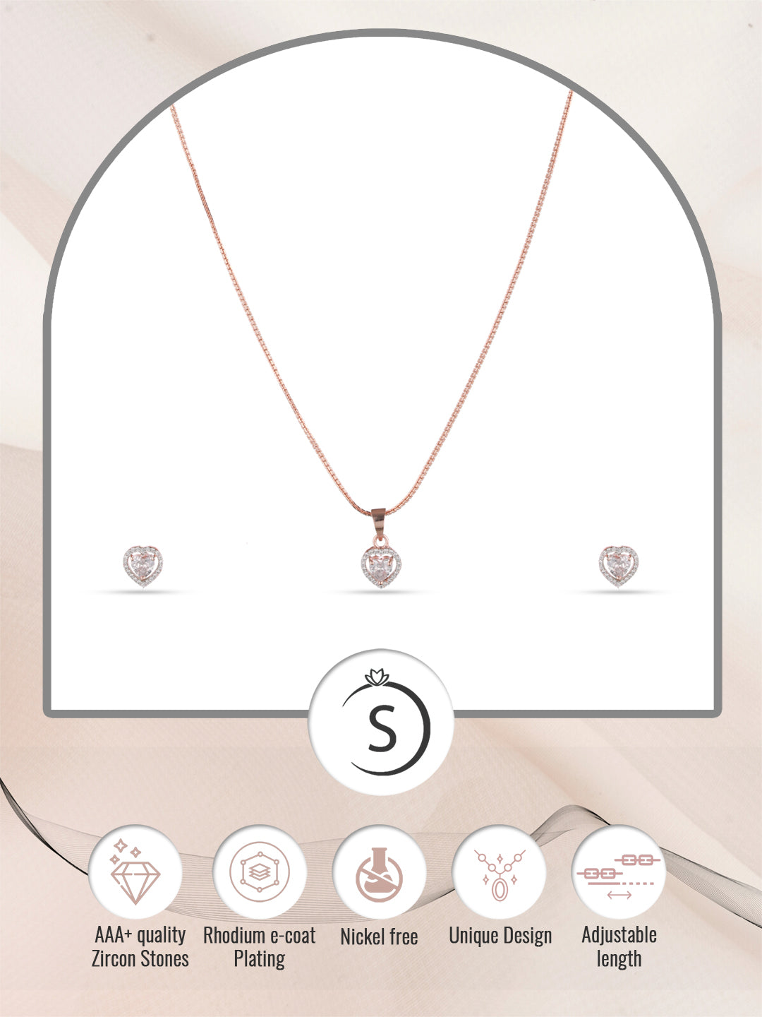 Rose Gold Plated White AD Studded Heart Shaped Pendant Chain and Earrings, zaveri pearls, sale price rs, sale price, sale gold plated, sale gold, sale, rubans, ring, regular price, priyassi j