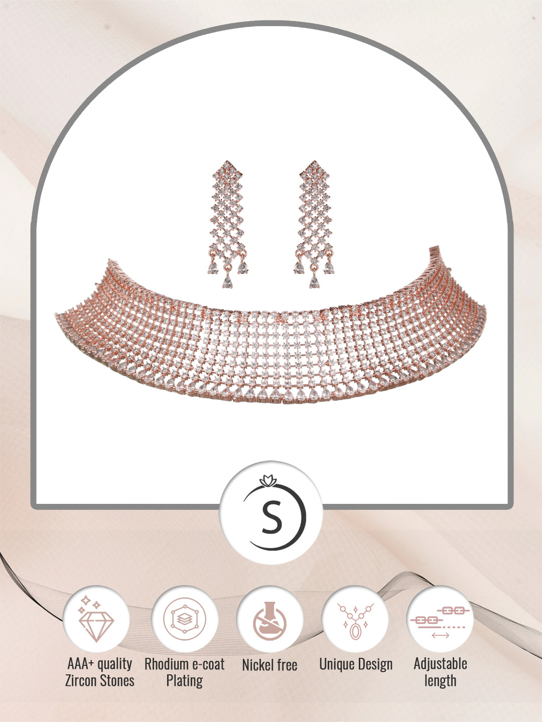 Rose Gold Plated White AD Studded Designer Choker Jewellery Set earrings, zaveri pearls, sale price rs, sale price, sale gold plated, sale gold, sale, rubans, ring, regular price, priyassi je