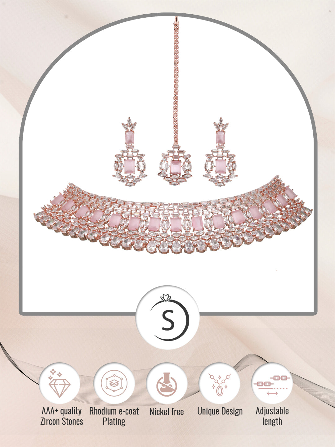 Rose Gold Plated Pink & White AD Studded Choker Earrings &Maang Tika Jewellery Set, zaveri pearls, sale price rs, sale price, sale gold plated, sale gold, sale, rubans, ring, regular price, p