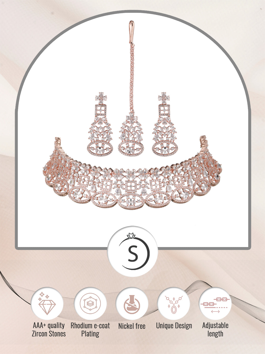 Rose Gold Plated White AD Studded Choker Dropdown Earrings Jewellery Set, zaveri pearls, sale price rs, sale price, sale gold plated, sale gold, sale, rubans, ring, regular price, priyassi je