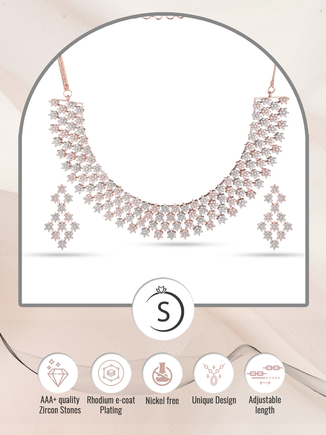Rose Gold Plated White AD Studded Modern Necklace Jewellery Set Earrings, zaveri pearls, sale price rs, sale price, sale gold plated, sale gold, sale, rubans, ring, regular price, priyassi je