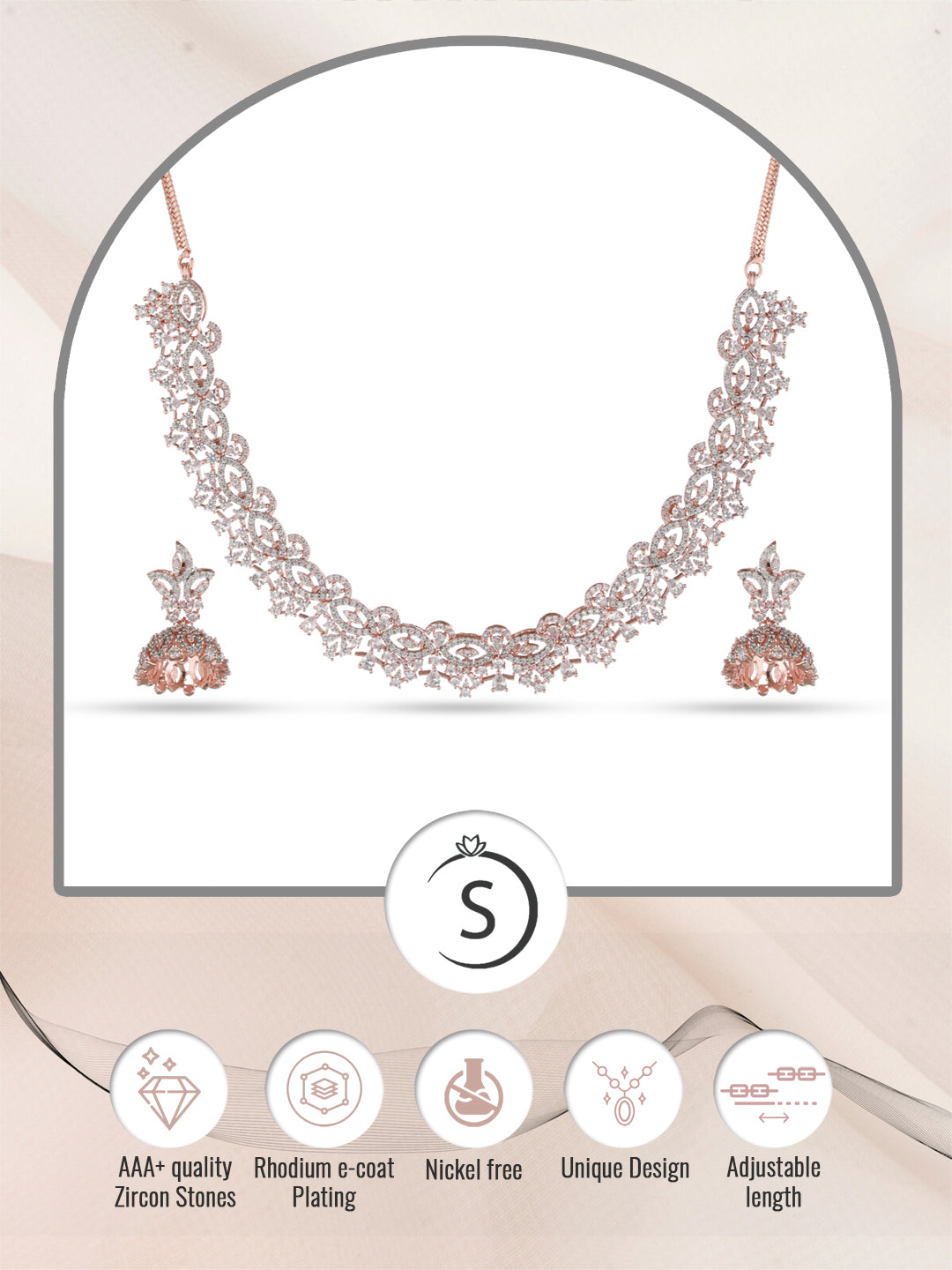 Rose Gold Plated White AD Studded Necklace Jhumka Jewellery Set, zaveri pearls, sale price rs, sale price, sale gold plated, sale gold, sale, rubans, ring, regular price, priyassi jewellery, 