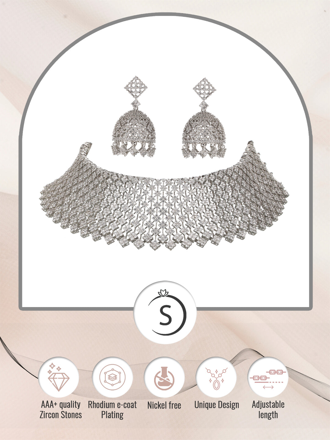 Silver Rhodium Plated White AD Choker Jhumka Jewellery Set, zaveri pearls, sale price rs, sale price, sale gold plated, sale gold, sale, rubans, ring, regular price, priyassi jewellery, kusha