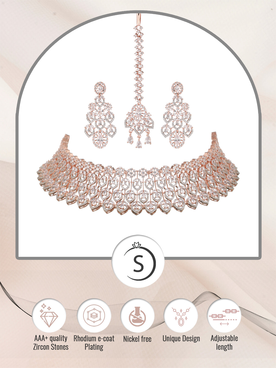 Rose Gold Plated White AD Choker mang Tika jewellery Set, zaveri pearls, sale price rs, sale price, sale gold plated, sale gold, sale, rubans, ring, regular price, priyassi jewellery, kushal'
