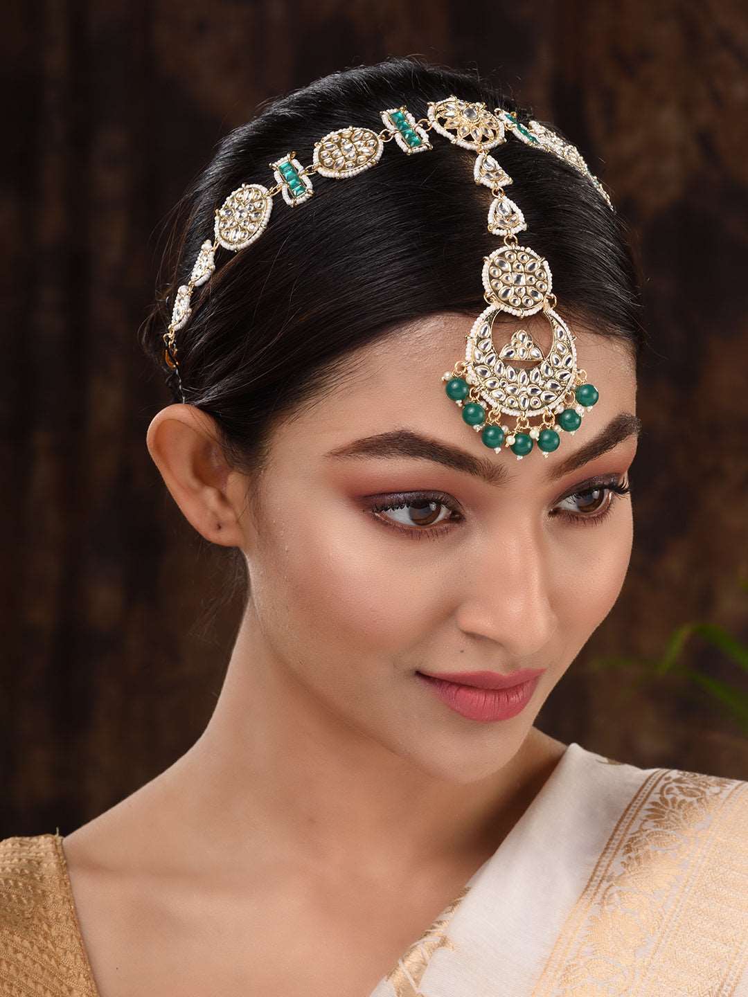 Gold Plated Kundan studded & Beaded Matha Patti, zaveri pearls, sale price rs, sale price, sale gold plated, sale gold, sale, rubans, ring, regular price, priyassi jewellery, kushal's - Saraf