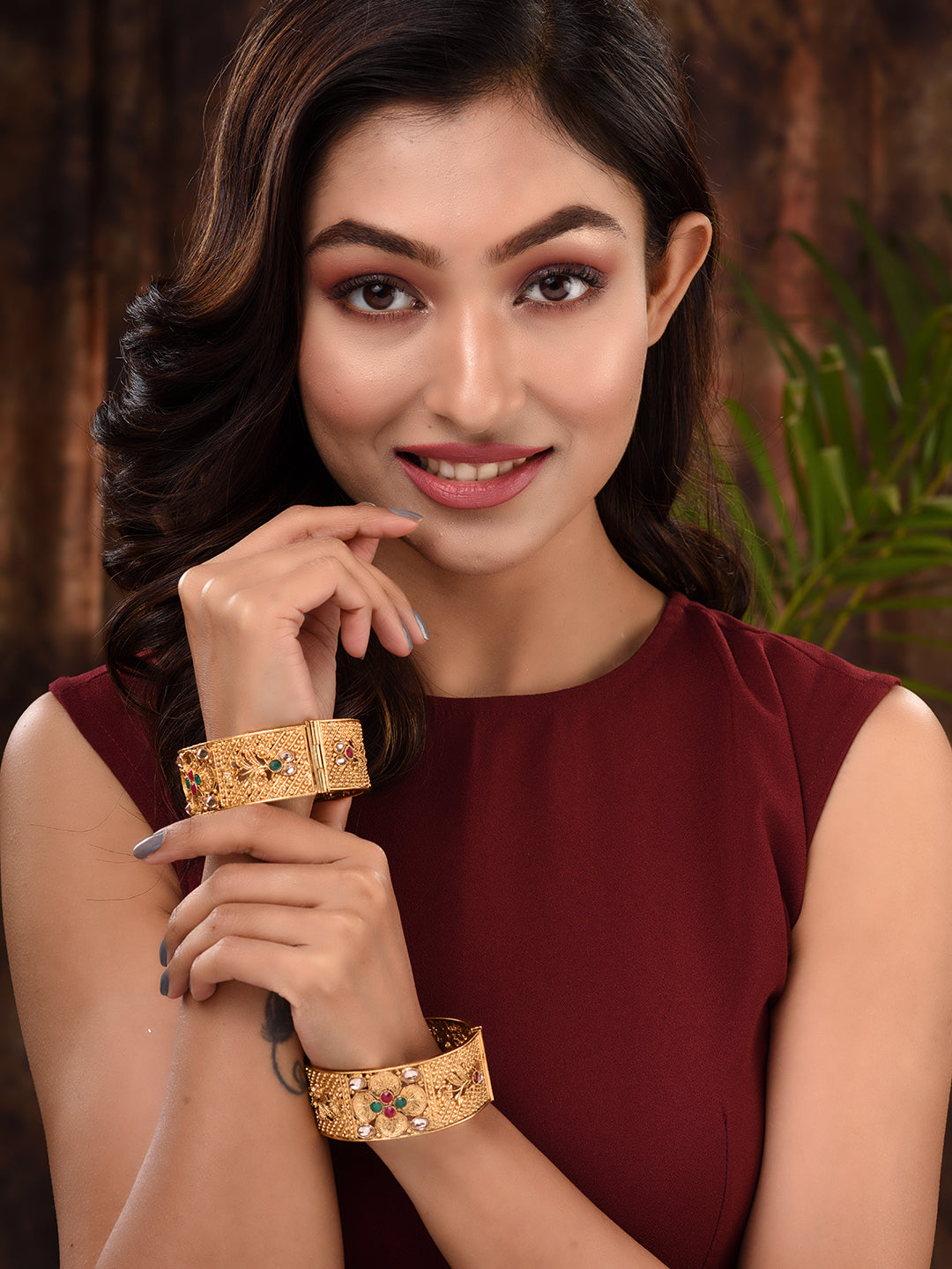 Set Of 2 Gold Plated Multi stone Studded Antique Bangles, zaveri pearls, sale price rs, sale price, sale gold plated, sale gold, sale, rubans, ring, regular price, priyassi jewellery, kushal'