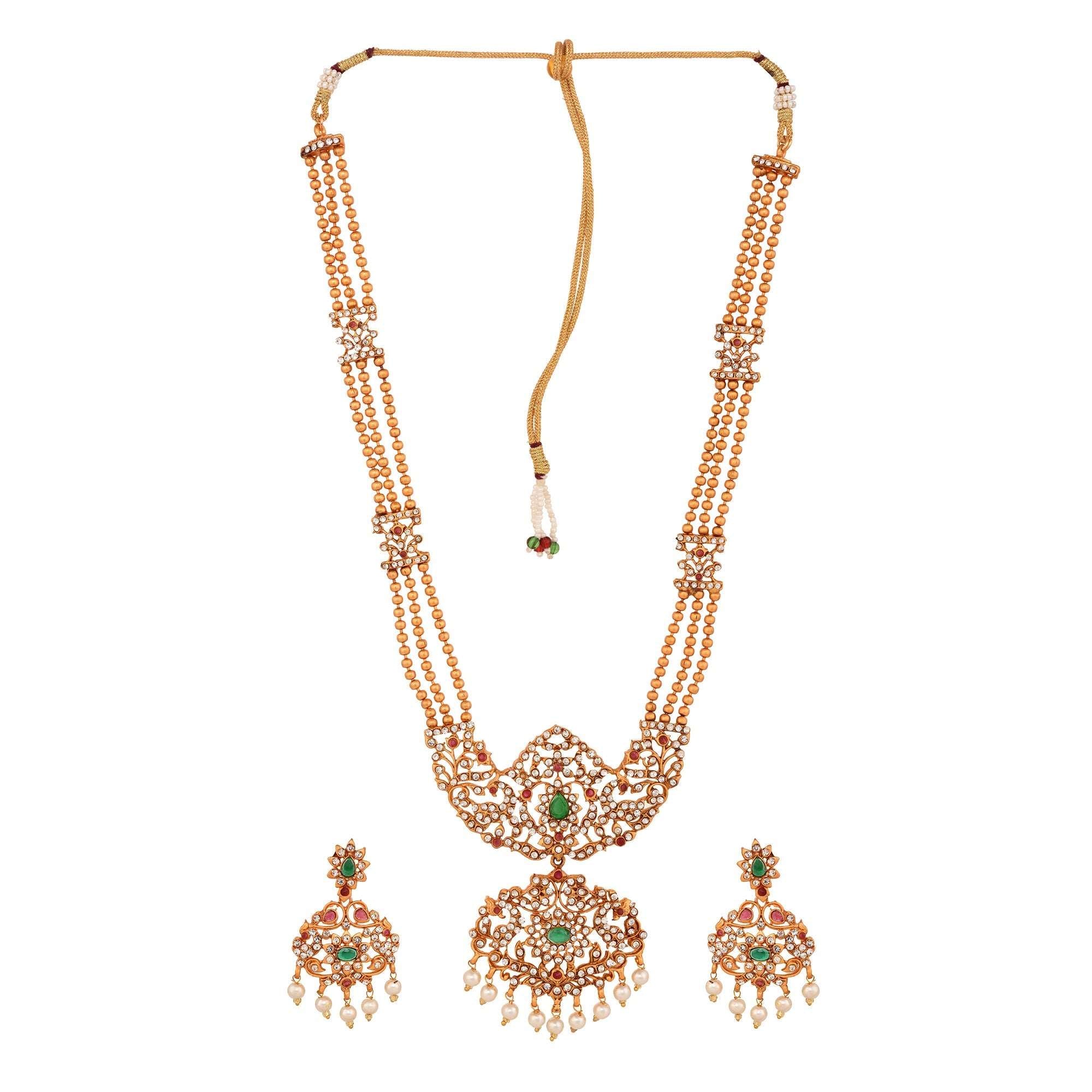 Gold Plated Green stone studded Pearl beaded Handcrafted Temple Jewellerey Set, zaveri pearls, sale price rs, sale price, sale gold plated, sale gold, sale, rubans, ring, regular price, priya